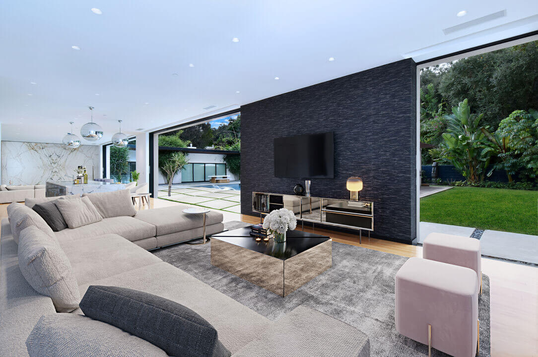 Family room with large openings to the outdoors