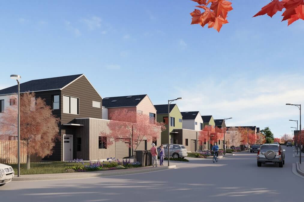 Multi-family housing units on a residential street