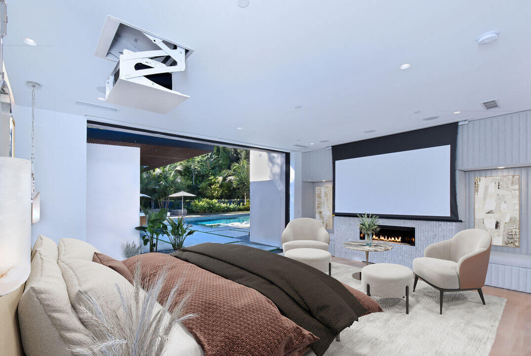 Master bedroom with huge glass sliding door and drop down projector and screen