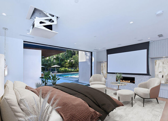 Master bedroom with huge glass sliding door and drop down projector and screen