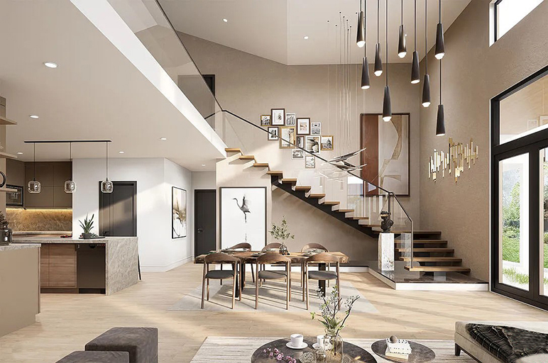 New Modern Contemporary Home Greatroom with Staircase