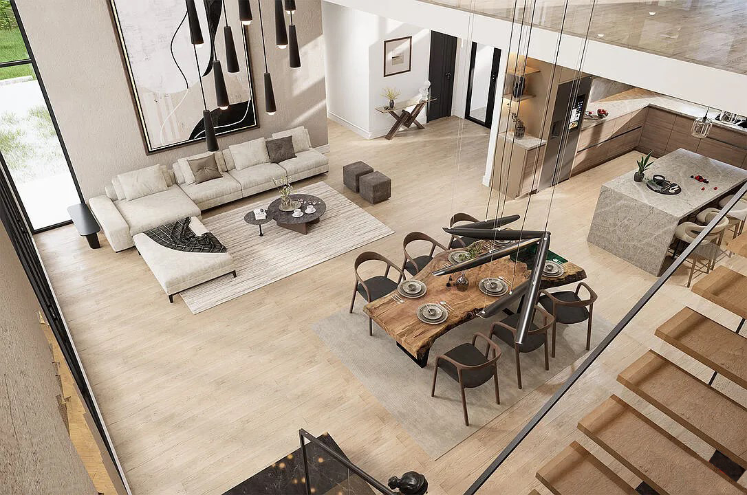 New Modern Contemporary Home Greatroom from above