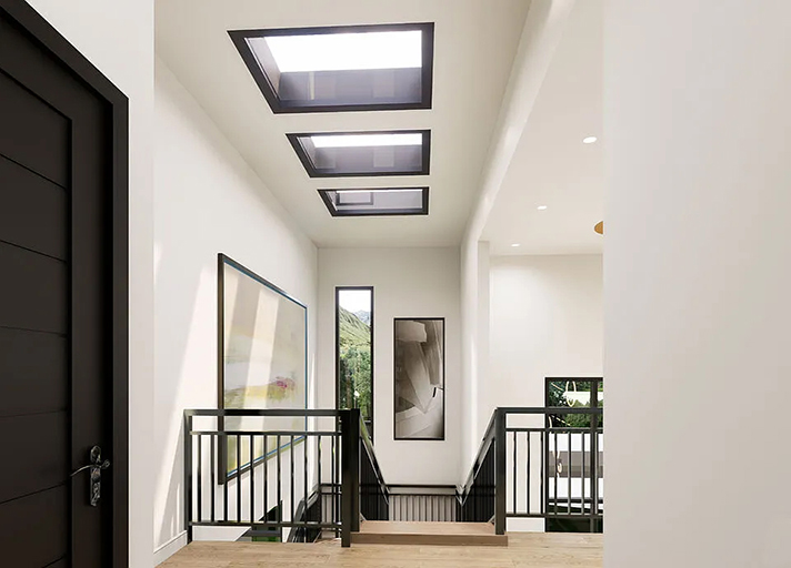 New Construction Hillside Home Stairway with Skylights