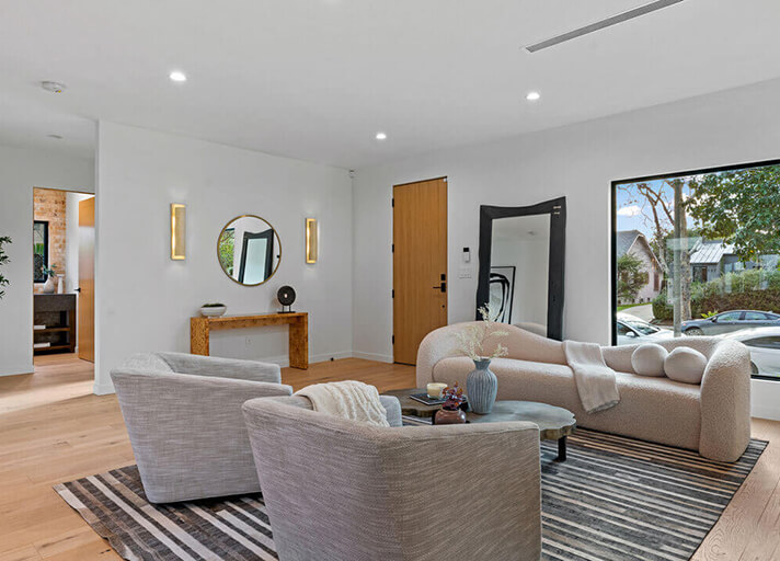 Modern living room with large windows